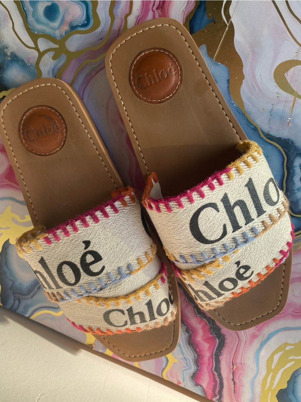Chloe Woody Embroidered Canvas Logo Flat Slide Sandal Size 38 US 8 Boho - Picture 5 of 12